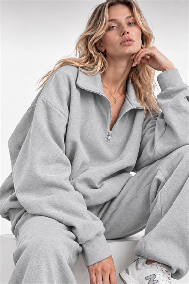 Gri Fermuarlı Polo Yaka 3 İplik Şardonlu Sweat