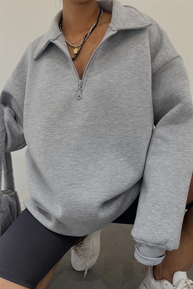 Gri Fermuarlı Polo Yaka 3 İplik Şardonlu Sweat