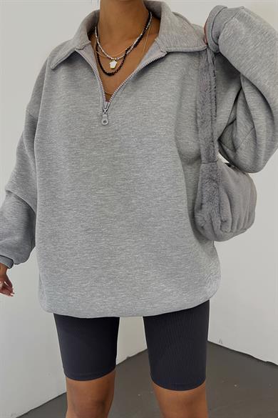 Gri Fermuarlı Polo Yaka 3 İplik Şardonlu Sweat