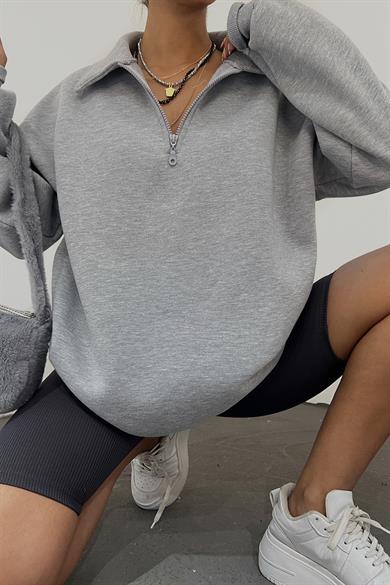 Gri Fermuarlı Polo Yaka 3 İplik Şardonlu Sweat