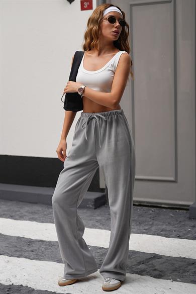 Gri Kışlık Likralı Pamuklu Yüksek Bel Bol Paça Palazzo Kumaş Eşofman Altı