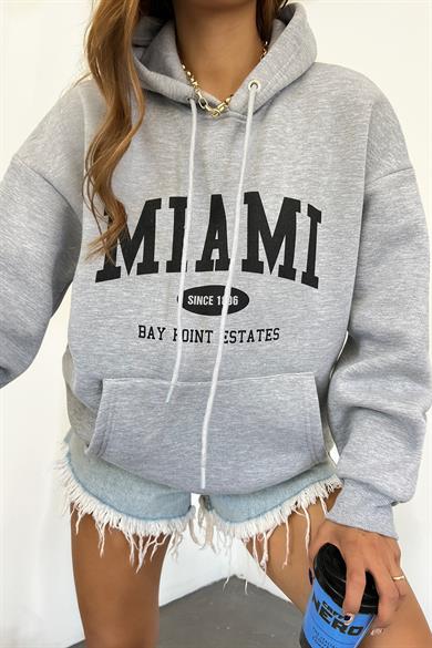 Gri Miami Baskılı 3 İplik Şardonlu Kapşonlu Sweat