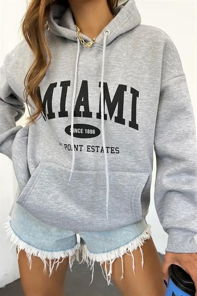 Gri Miami Baskılı 3 İplik Şardonlu Kapşonlu Sweat