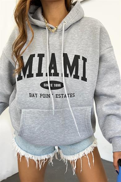 Gri Miami Baskılı 3 İplik Şardonlu Kapşonlu Sweat