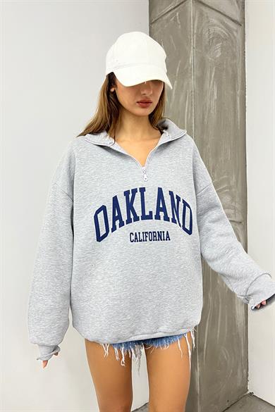 Gri Oakland Baskılı Fermuarlı Sweat