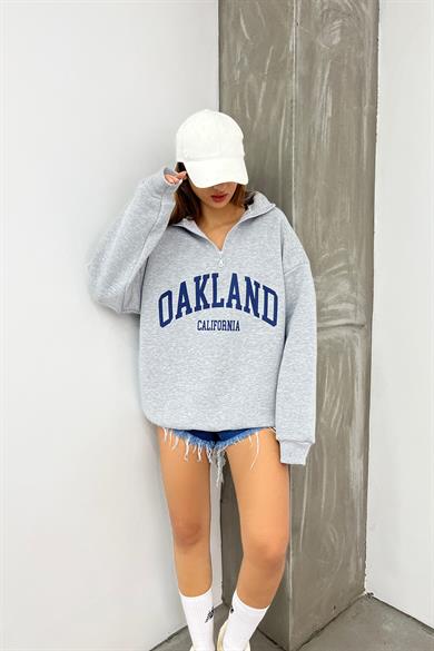 Gri Oakland Baskılı Fermuarlı Sweat