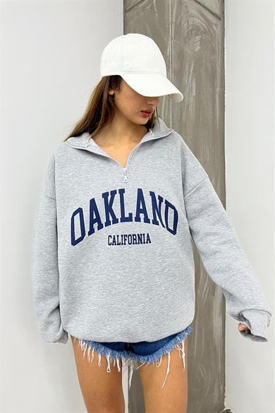 Gri Oakland Baskılı Fermuarlı Sweat
