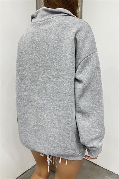 Gri Oakland Baskılı Fermuarlı Sweat