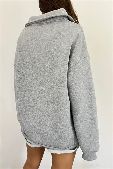 Gri The Montein Park Baskılı Fermuarlı Polo Yaka 3 İplik Şardonlu Sweat