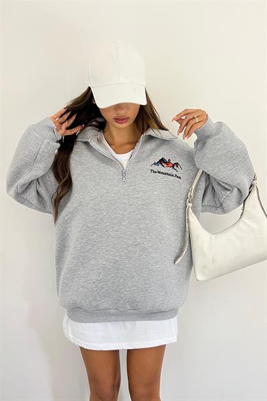 Gri The Montein Park Baskılı Fermuarlı Polo Yaka 3 İplik Şardonlu Sweat