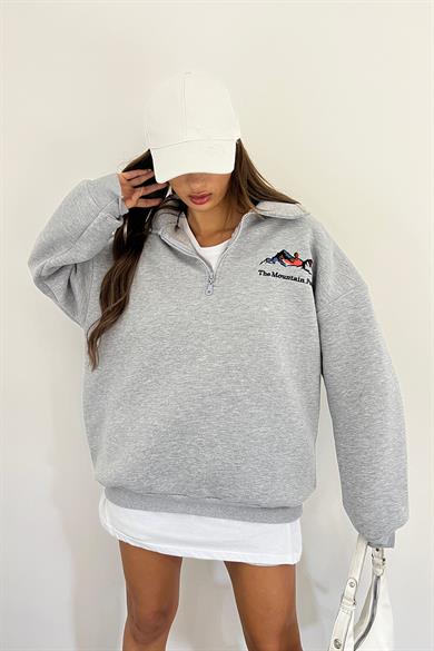 Gri The Montein Park Baskılı Fermuarlı Polo Yaka 3 İplik Şardonlu Sweat