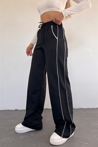 Kadın Siyah Bol Paça İki İplik Beli Lastikli Eşofman Altı