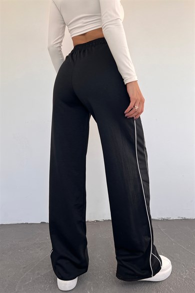 Kadın Siyah Bol Paça İki İplik Beli Lastikli Eşofman Altı