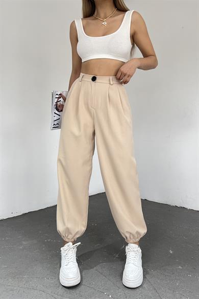 Kadın Krem Paçası Lastikil Yüksek Bel Bol Pantolon