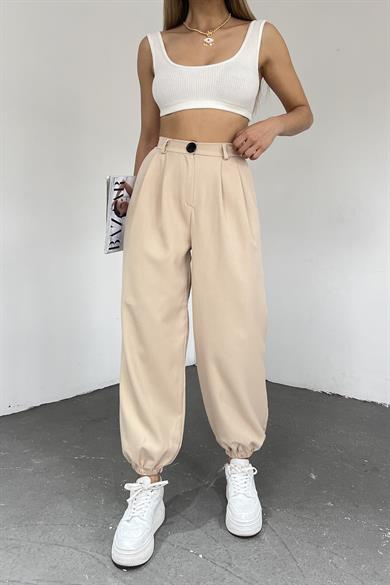 Kadın Krem Paçası Lastikil Yüksek Bel Bol Pantolon
