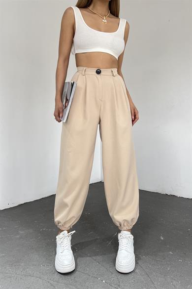 Kadın Krem Paçası Lastikil Yüksek Bel Bol Pantolon