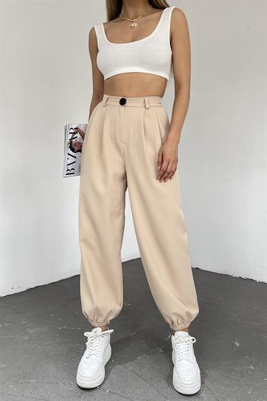 Kadın Krem Paçası Lastikil Yüksek Bel Bol Pantolon