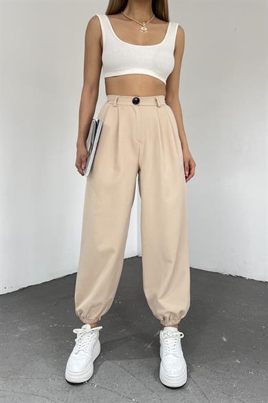 Kadın Krem Paçası Lastikil Yüksek Bel Bol Pantolon