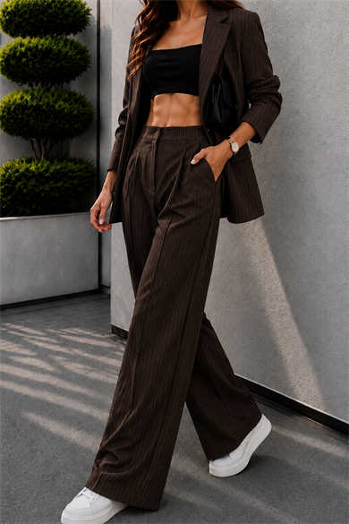 Kahve Çizgili Beli Lastikli Pantolon Oversize Orjinal Kesim