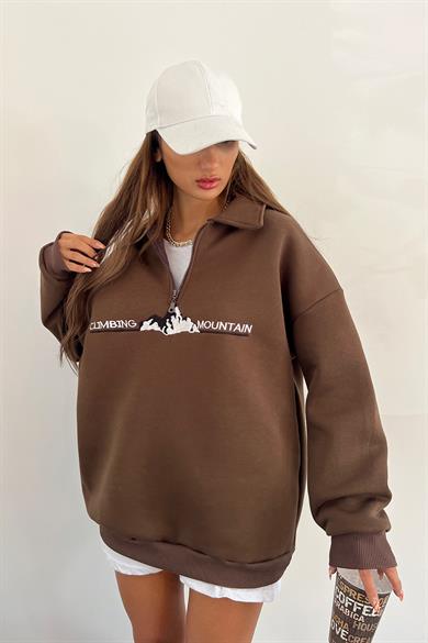 Kahve Climbing Mountain Baskılı Fermuarlı Polo Yaka 3 İplik Şardonlu Sweat