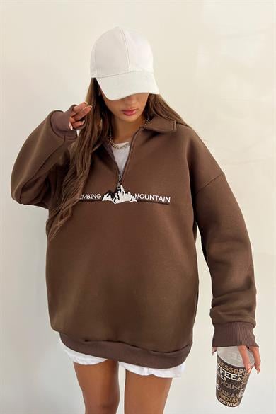 Kahve Climbing Mountain Baskılı Fermuarlı Polo Yaka 3 İplik Şardonlu Sweat