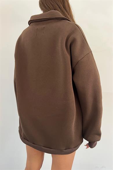 Kahve Climbing Mountain Baskılı Fermuarlı Polo Yaka 3 İplik Şardonlu Sweat