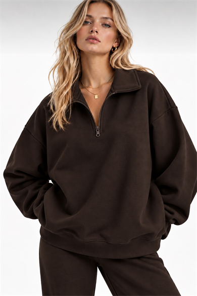 Kahve Fermuarlı Polo Yaka 3 İplik Şardonlu Sweat