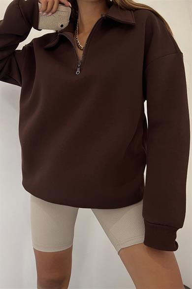 Kahve Fermuarlı Polo Yaka 3 İplik Şardonlu Sweat