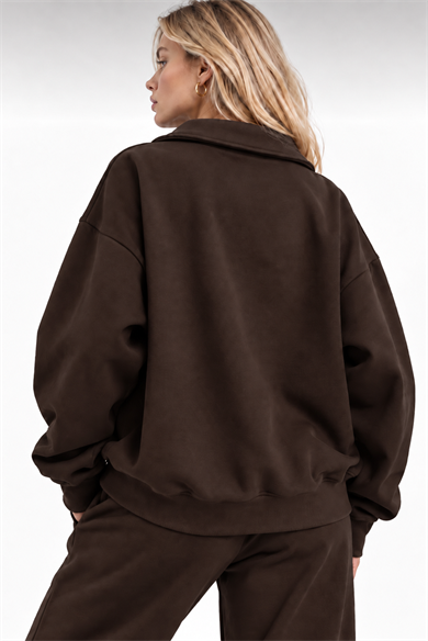 Kahve Fermuarlı Polo Yaka 3 İplik Şardonlu Sweat