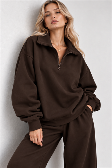 Kahve Fermuarlı Polo Yaka 3 İplik Şardonlu Sweat