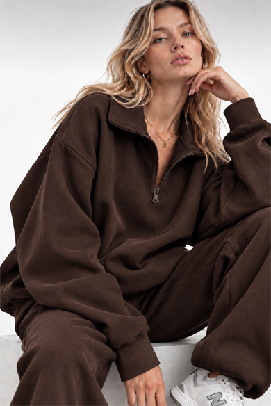 Kahve Fermuarlı Polo Yaka 3 İplik Şardonlu Sweat