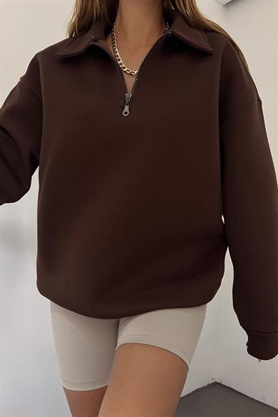 Kahve Fermuarlı Polo Yaka 3 İplik Şardonlu Sweat