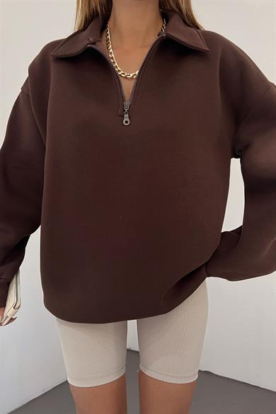 Kahve Fermuarlı Polo Yaka 3 İplik Şardonlu Sweat
