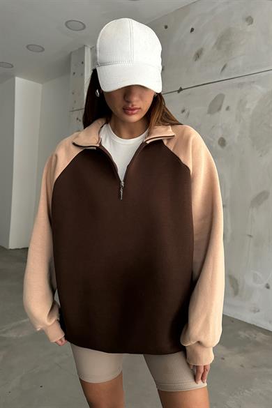 Kahve Kolları Krem Fermuarlı Polo Yaka Sweat