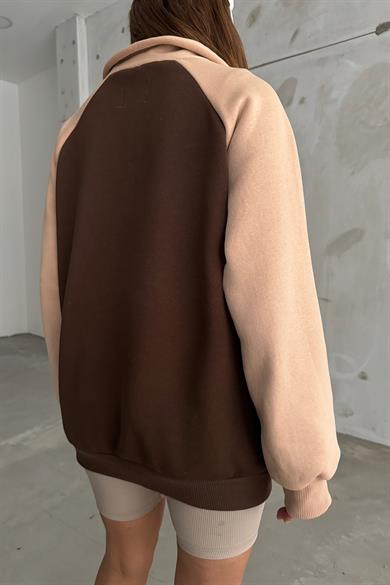 Kahve Kolları Krem Fermuarlı Polo Yaka Sweat