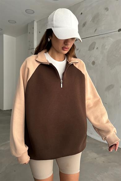 Kahve Kolları Krem Fermuarlı Polo Yaka Sweat