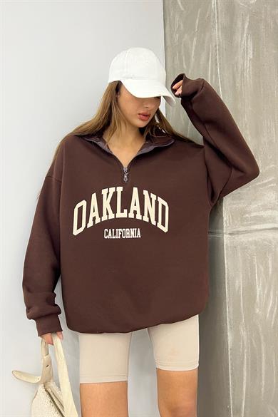 Kahve Oakland Baskılı Fermuarlı Sweat