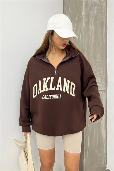 Kahve Oakland Baskılı Fermuarlı Sweat