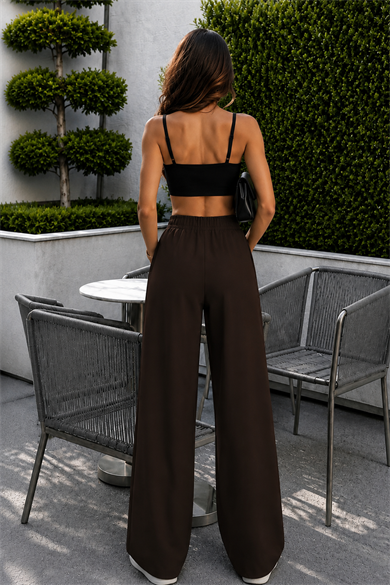 Kahve Palazzo Beli Lastikli Pantolon Oversize Orjinal Kesim