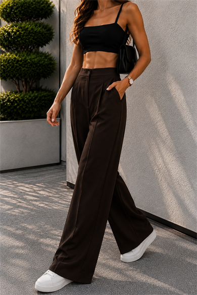 Kahve Palazzo Beli Lastikli Pantolon Oversize Orjinal Kesim