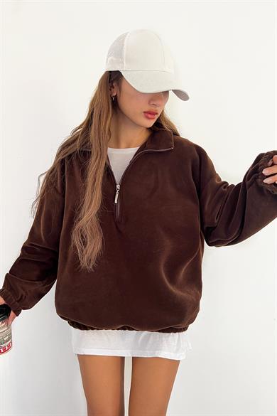 Kahve Polarlı Fermuarlı Sweat