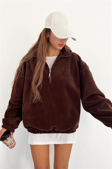 Kahve Polarlı Fermuarlı Sweat