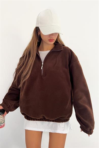 Kahve Polarlı Fermuarlı Sweat