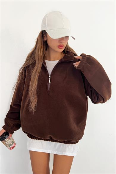 Kahve Polarlı Fermuarlı Sweat