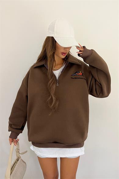 Kahve The Montein Park Baskılı Fermuarlı Polo Yaka 3 İplik Şardonlu Sweat