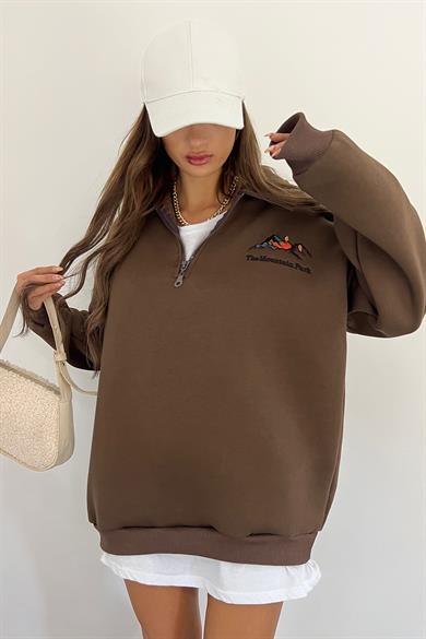 Kahve The Montein Park Baskılı Fermuarlı Polo Yaka 3 İplik Şardonlu Sweat