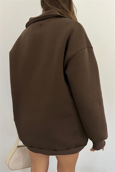 Kahve The Montein Park Baskılı Fermuarlı Polo Yaka 3 İplik Şardonlu Sweat