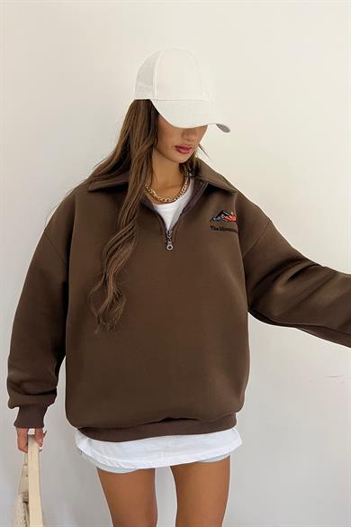Kahve The Montein Park Baskılı Fermuarlı Polo Yaka 3 İplik Şardonlu Sweat