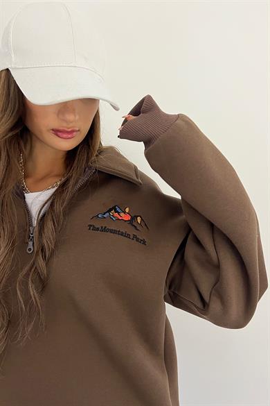 Kahve The Montein Park Baskılı Fermuarlı Polo Yaka 3 İplik Şardonlu Sweat