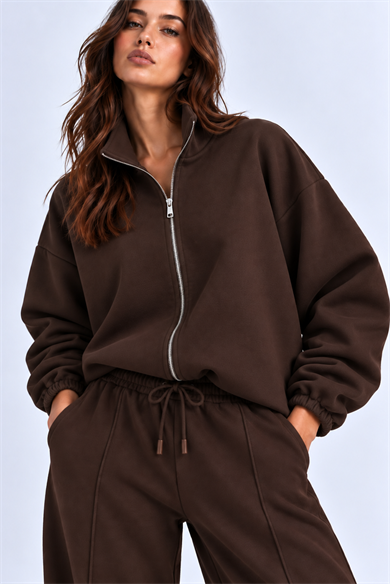 KAHVERENGİ 3 Iplik Içi Şardonlu Dik Yaka Demir Fermuarlı Oversize Sweatshirt